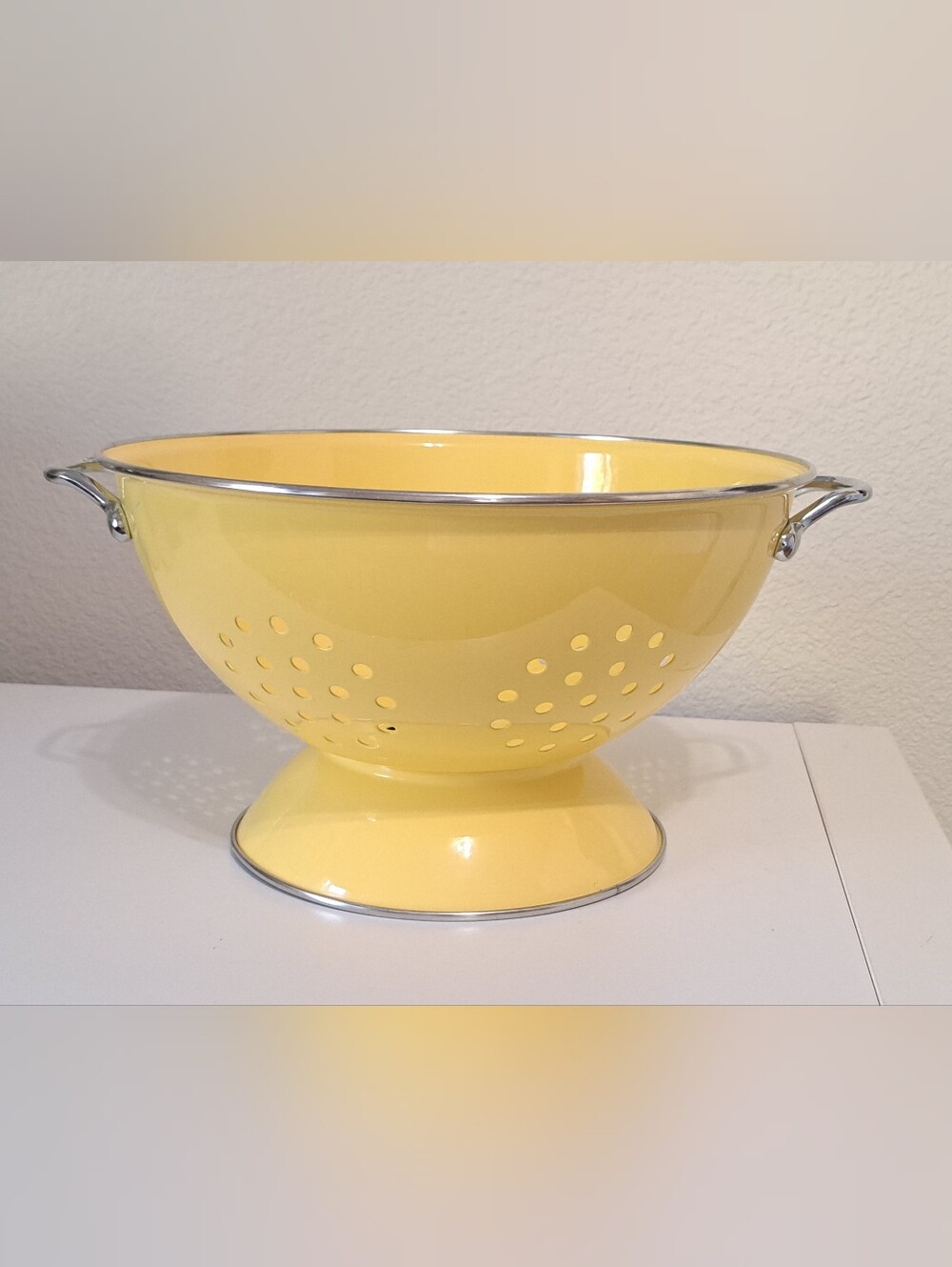 Large Yellow Enamel Pedestal Colander Strainer w/Chrome Handles